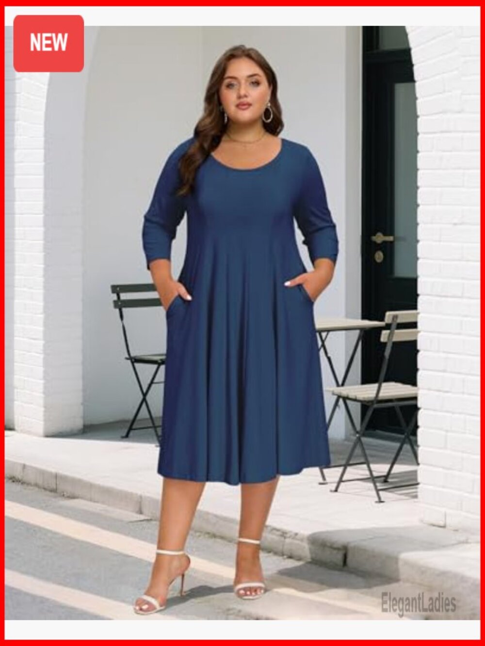 Plus Size Midi Dress 3/4 Sleeve A-Line Casual with Pockets - Picture 2 of 6